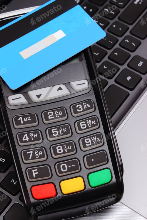 Preview: Payment Terminal With Contactless Credit Card And Laptop, Credit Card Reader, Paying Using Credit