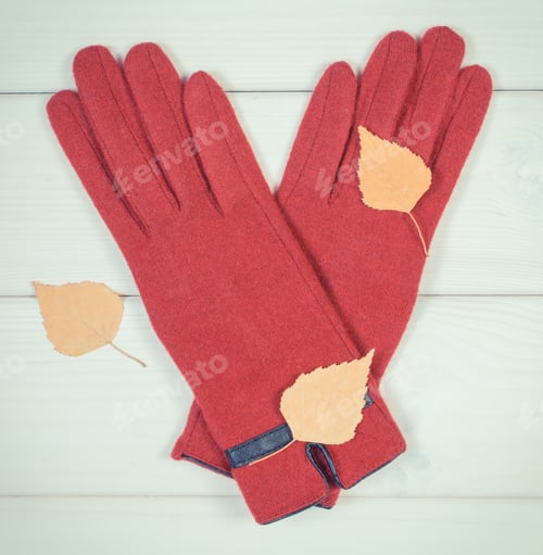 Preview: Vintage Photo, Woolen Gloves For Woman And Autumnal Leaves On White Boards, Warm Clothing For