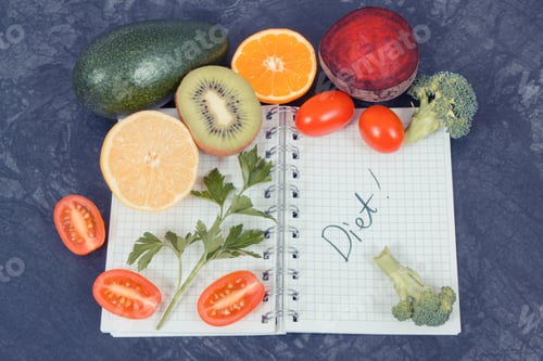 Preview: Natural Fruits With Vegetables As Source Vitamins And Notepad With Word Diet, Healthy Lifestyles