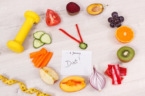 Preview: Clock Made Of Fruits And Vegetables Showing Time Of 23 Hours 55 Minutes, Dumbbell And Centimeter