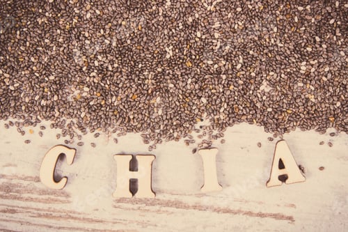 Preview: Vintage Photo, Inscription Chia And Seeds, Concept Of Food Containing Natural Vitamins, Minerals