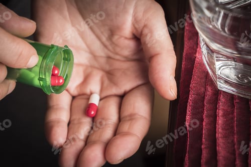 Preview: Women Take White And Red Capsule With Right Hand From A Green Bottle