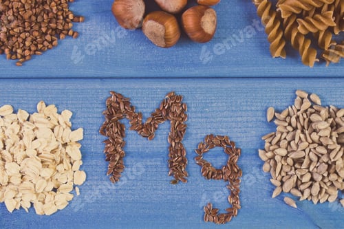 Preview: Inscription Mg And Ingredients Or Products Containing Magnesium, Vitamins And Minerals. Healthy