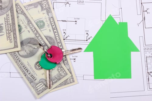 Preview: Heap Of Banknotes, House Of Green Paper And Home Keys On Construction Drawing Of House, Concept Of