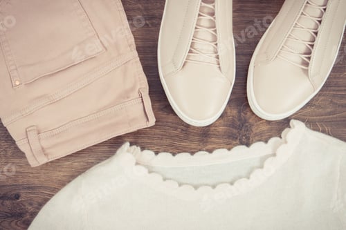 Preview: Vintage Photo, Womanly Pink Leather Shoes, Cotton Pants And Woolen Sweater Lying On Rustic Boards