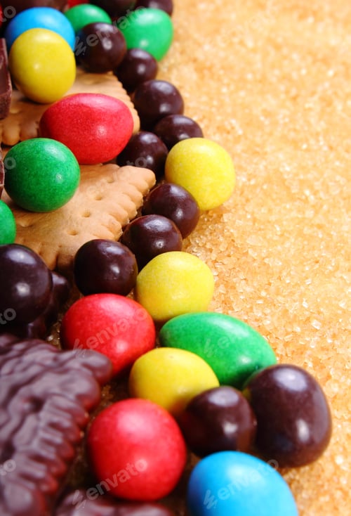 Preview: A Lot Of Candies And Cookies With Brown Cane Sugar, Too Many Sweets, Unhealthy Food, Reduction Of