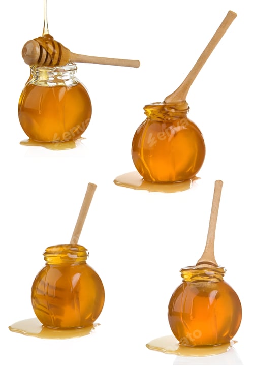 Preview: Glass Jar Full Of Honey And Stick Isolated On White Background