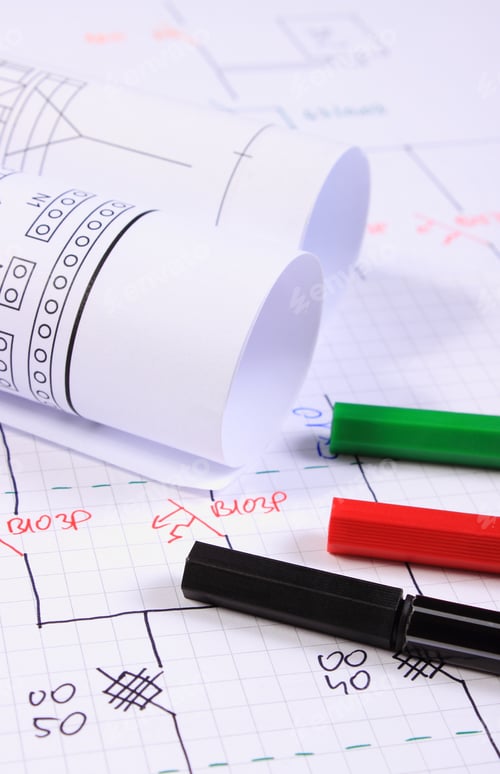 Preview: Rolls Of Electrical Diagrams And Accessories For Drawing Lying On Construction Drawings, Drawings