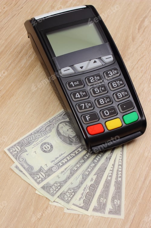 Preview: Credit Card Reader And Currency Dollar On Wooden Desk, Payment Terminal