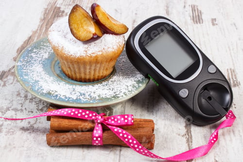 Preview: Glucose Meter, Muffins With Plums And Powdered Sugar, Diabetes, Checking Sugar Level And Delicious