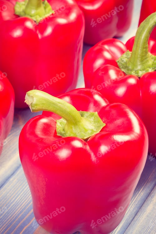Preview: Vintage Photo, Fresh Red Peppers Lying On Boards, Concept Of Healthy Nutrition