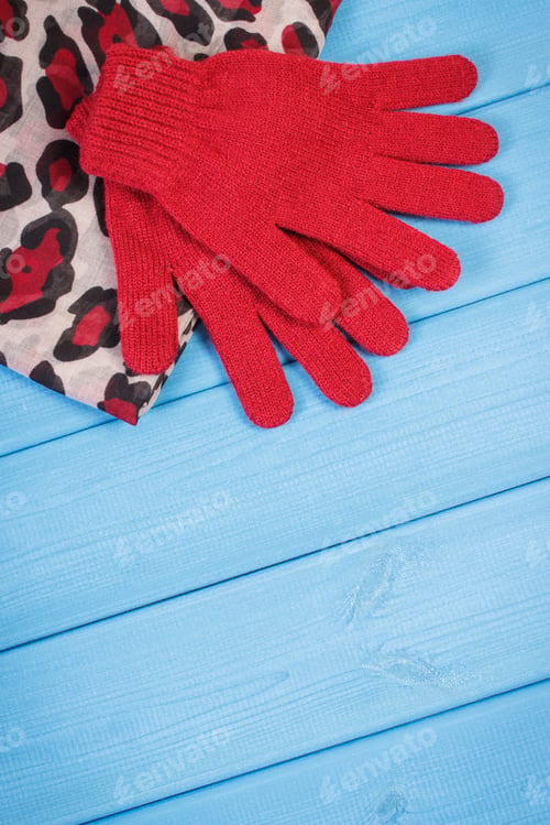Preview: Woolen Gloves And Colorful Shawl For Woman. Warm Clothing For Autumn Or Winter. Place For Text On