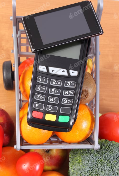 Preview: Credit Card Reader With Mobile Phone With Nfc Technology, Fresh Fruits And Vegetables With Plastic