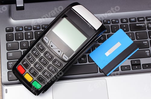 Preview: Payment Terminal And Credit Card On Laptop Keyboard, Credit Card Reader, Paying Using Credit Card