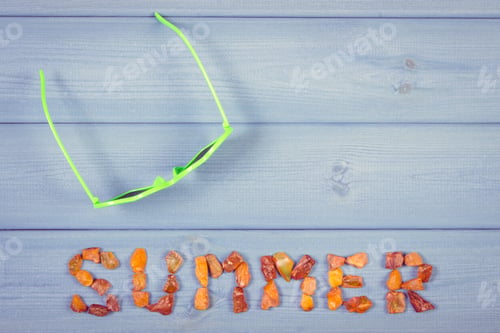 Preview: Vintage Photo, Inscription Summer Made Of Amber Stones And Sunglasses On Boards, Vacation Time