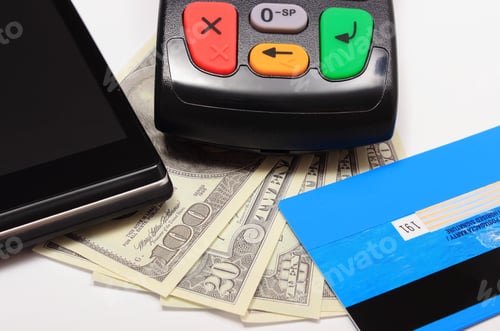Preview: Payment Terminal, Contactless Credit Card And Mobile Phone With Nfc Technology And Money, Credit