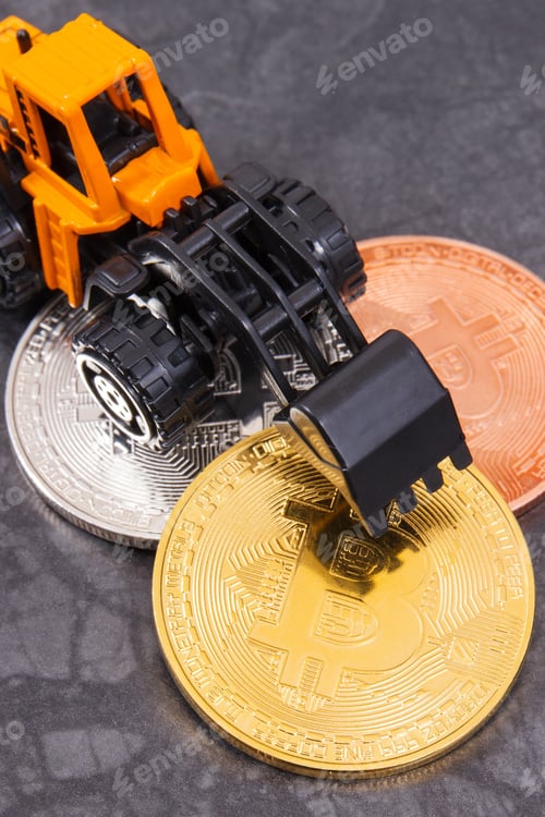 Preview: Bitcoins And Miniature Excavator, Symbol Of Electronic Virtual Money And Mining Cryptocurrency