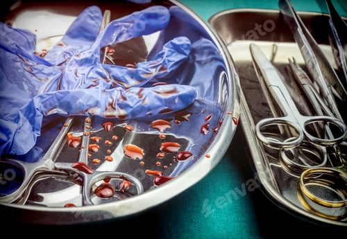 Preview: Gloves Blue And Scissors Stained With Blood On A Tray In An Operating Theater, Conceptual Image