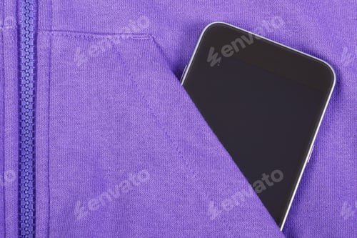 Preview: Black Mobile Phone, Smartphone With Blank Screen In Pocket Purple Sweatshirt, Electronics
