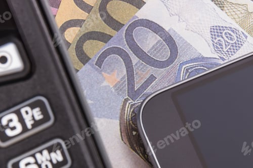 Preview: Payment Terminal, Smartphone With Nfc Technology And Currencies Euro. Choice Between Cashless Or