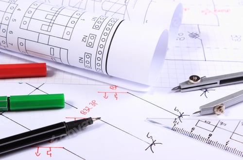 Preview: Rolls Of Electrical Diagrams And Accessories For Drawing Lying On Construction Drawings, Drawings