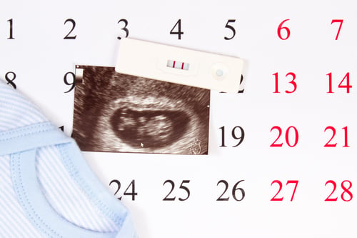 Preview: Pregnancy Test With Positive Result, Ultrasound Scan Of Baby And Clothing For Newborn On Calendar