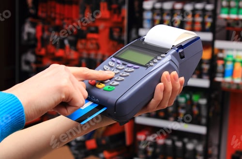 Preview: Hand Of Woman Using Payment Terminal In An Electrical Shop, Paying With Credit Card, Credit Card