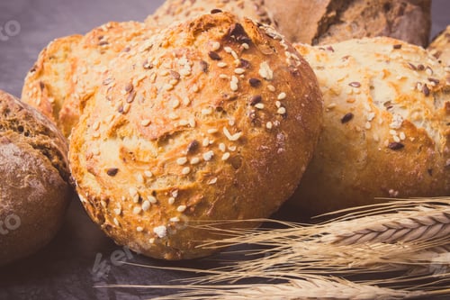 Preview: Rolls Or Bread With Seeds On Wooden Spoon And Ears Of Rye Grain. Vintage Photo