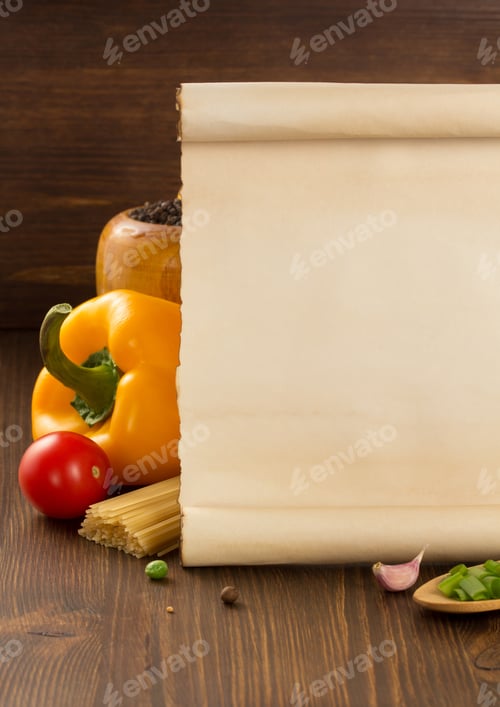Preview: Food Spice And Old Paper On Wooden Background