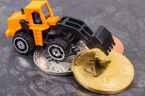 Preview: Bitcoin Coins With Miniature Excavator, Concept Of Mining Cryptocurrency And Modern Finance Or