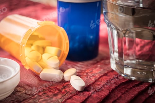 Preview: White Pills Spilling From An Open Ambar Bottle, Conceptual Image, Horizontal Composition