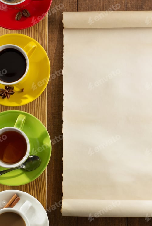 Preview: Cup Of Tea, Milk, Coffee On Wooden Background