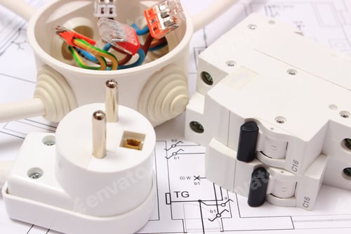 Preview: Electric Fuse And Plug, Copper Wire Connections In Electrical Box On Construction Drawing Of House