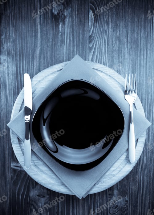 Preview: Plate, Knife And Fork On Wooden Background