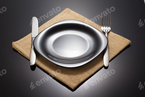 Preview: Plate And Fork With Knife At Napkin Cloth On Black Background