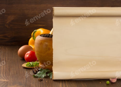 Preview: Food Spice And Old Paper On Wooden Background