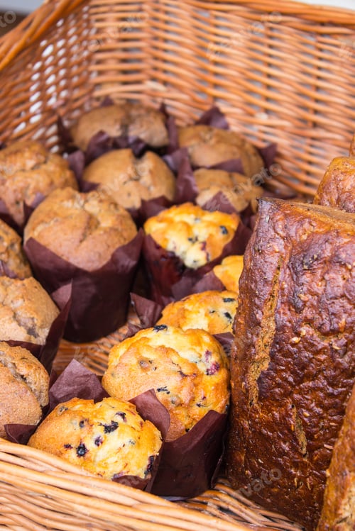 Preview: Freshly Baked Chocolate Muffins And Breads In Wicker Basket