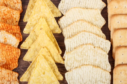 Preview: Crunchy Cookies And Potato Crisps With Peppers On Rustic Board, Concept Of Restriction Eating
