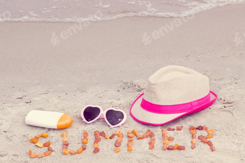 Preview: Vintage Photo, Word Summer Made Of Amber Stones And Accessories For Vacation On Sand At Beach