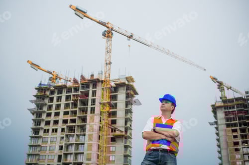 Preview: Construction Supervisor Reviewing Building Site With Cranes