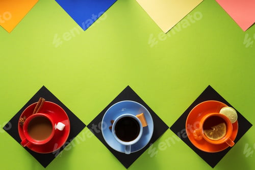 Preview: Cup Of Coffee, Tea And Cacao At Colorful Paper Background