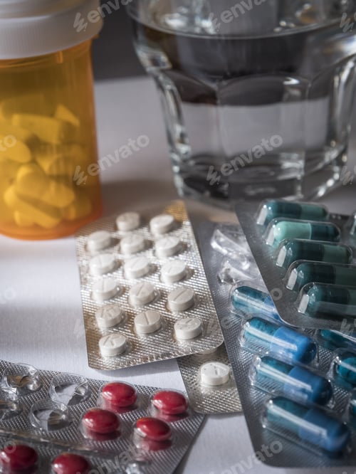 Vista previa: Some Pills Of Different Size And Color Along With A Water Glass