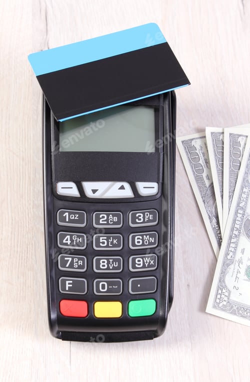 Preview: Payment Terminal With Contactless Credit Card And Currencies Dollar, Choice Between Cashless Or