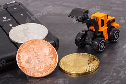 Preview: Bitcoins As Symbol Of Electronic Virtual Money, Miniature Excavator And Computer Keyboard, Concept