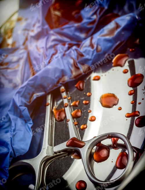 Preview: Gloves Blue And Scissors Stained With Blood On A Tray In An Operating Theater, Conceptual Image