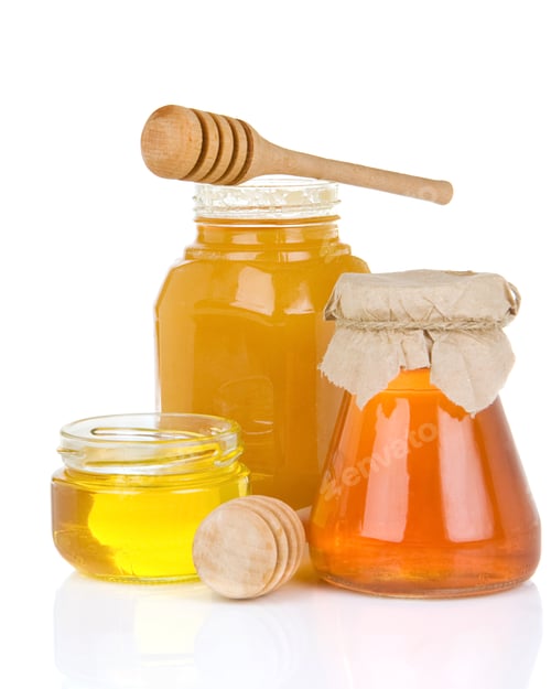 Preview: Glass Jar Full Of Honey And Stick Isolated On White Background
