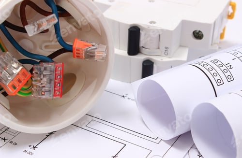 Preview: Copper Wire Connections In Electrical Box, Rolls Of Electrical Diagrams And Electric Fuse On