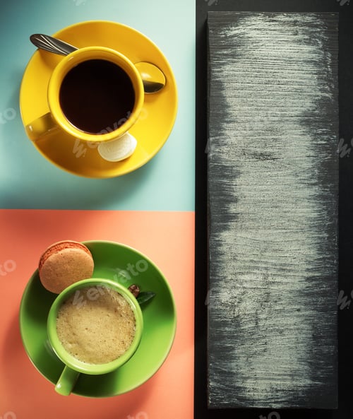 Preview: Cup Of Coffee And Tea At Colorful Background, Top View