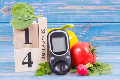 Preview: Date Of 14 November On Cube Calendar, Glucometer And Fresh Ripe Vegetables, Concept Of World