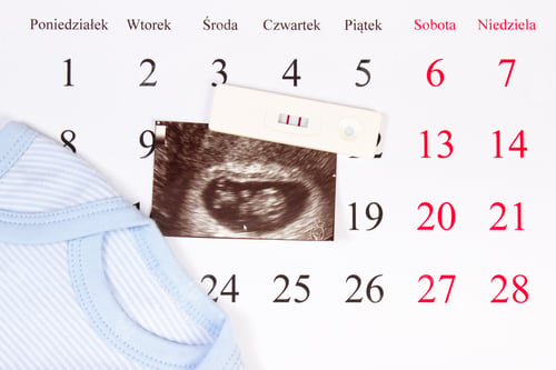 Preview: Pregnancy Test With Positive Result, Ultrasound Scan Of Baby And Clothing For Newborn On Calendar